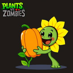 A cheerful sunflower character from the game 'Plants vs Zombies' smiling while holding a simple and ordinary pumpkin