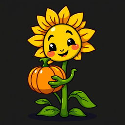 A cheerful sunflower character from the game 'Plants vs Zombies' smiling while holding a simple and ordinary pumpkin