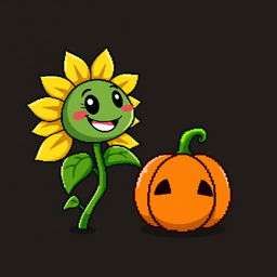 A cheerful sunflower character from the game 'Plants vs Zombies' smiling while holding a simple and ordinary pumpkin