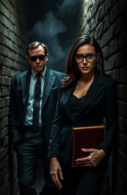 A dark, moody scene featuring a suave mafia boss in a tailored black suit, leaning against a brick wall in a dimly lit alley