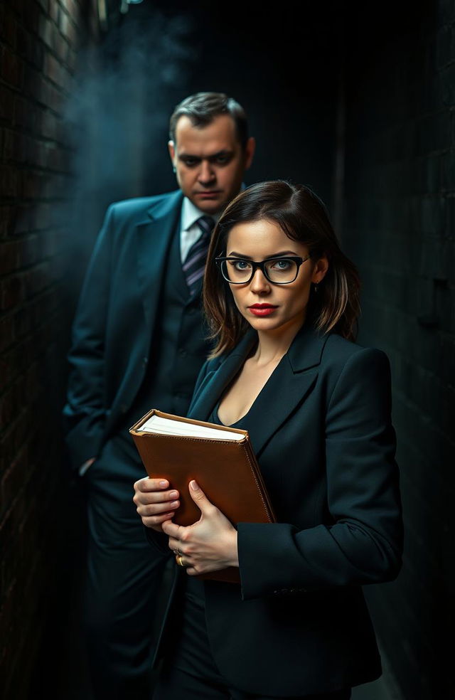 A dark, moody scene featuring a suave mafia boss in a tailored black suit, leaning against a brick wall in a dimly lit alley