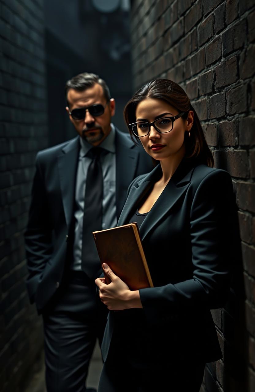 A dark, moody scene featuring a suave mafia boss in a tailored black suit, leaning against a brick wall in a dimly lit alley