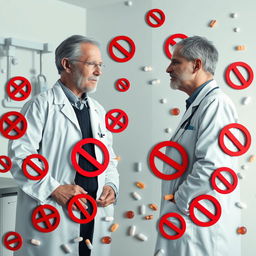 A compelling scene featuring a middle-aged doctor in a white coat engaging in conversation with a young man at the center, conveying a sense of care and professionalism