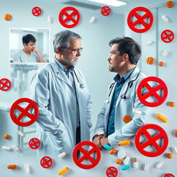 A compelling scene featuring a middle-aged doctor in a white coat engaging in conversation with a young man at the center, conveying a sense of care and professionalism