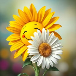 An ordinary sunflower hugging an ordinary daisy, creating a heartwarming scene of friendship between the two cheerful flowers