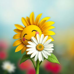 An ordinary sunflower hugging an ordinary daisy, creating a heartwarming scene of friendship between the two cheerful flowers