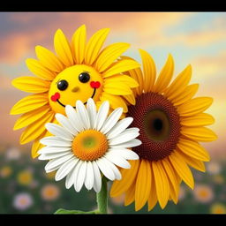 An ordinary sunflower hugging an ordinary daisy, creating a heartwarming scene of friendship between the two cheerful flowers