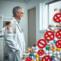 An engaging image featuring a middle-aged doctor in a white coat engaging in a conversation with a young man at the center, showcasing a warm yet professional interaction