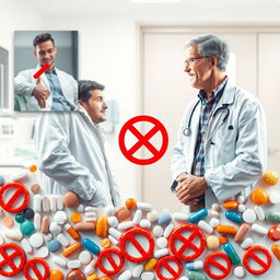 An engaging image featuring a middle-aged doctor in a white coat engaging in a conversation with a young man at the center, showcasing a warm yet professional interaction