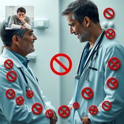 An engaging image featuring a middle-aged doctor in a white coat engaging in a conversation with a young man at the center, showcasing a warm yet professional interaction