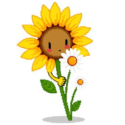 An ordinary sunflower without a face, gently holding hands with a simple daisy, depicted in pixel art style
