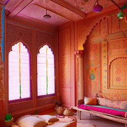 A beautiful 12x12 room with blank walls, decorated in a lush Indian style with vibrant colors, intricate patterns, and traditional Indian decor.