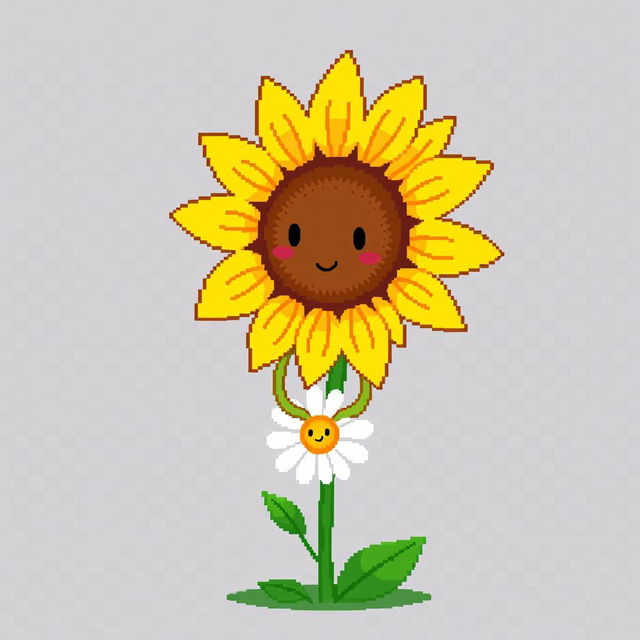 An ordinary sunflower without a face, gently holding hands with a simple daisy, depicted in pixel art style