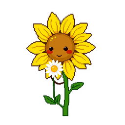 An ordinary sunflower without a face, gently holding hands with a simple daisy, depicted in pixel art style