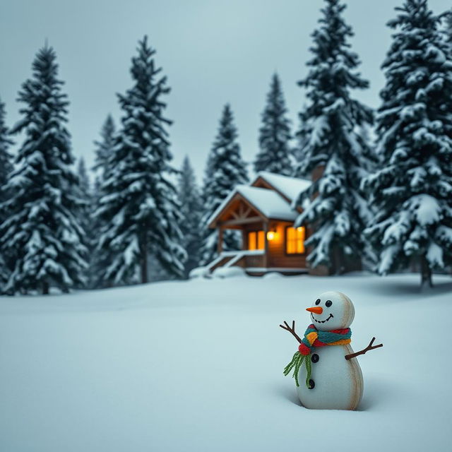 A serene winter landscape featuring a cozy, rustic cabin nestled among tall snow-covered pine trees