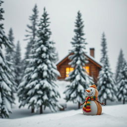 A serene winter landscape featuring a cozy, rustic cabin nestled among tall snow-covered pine trees