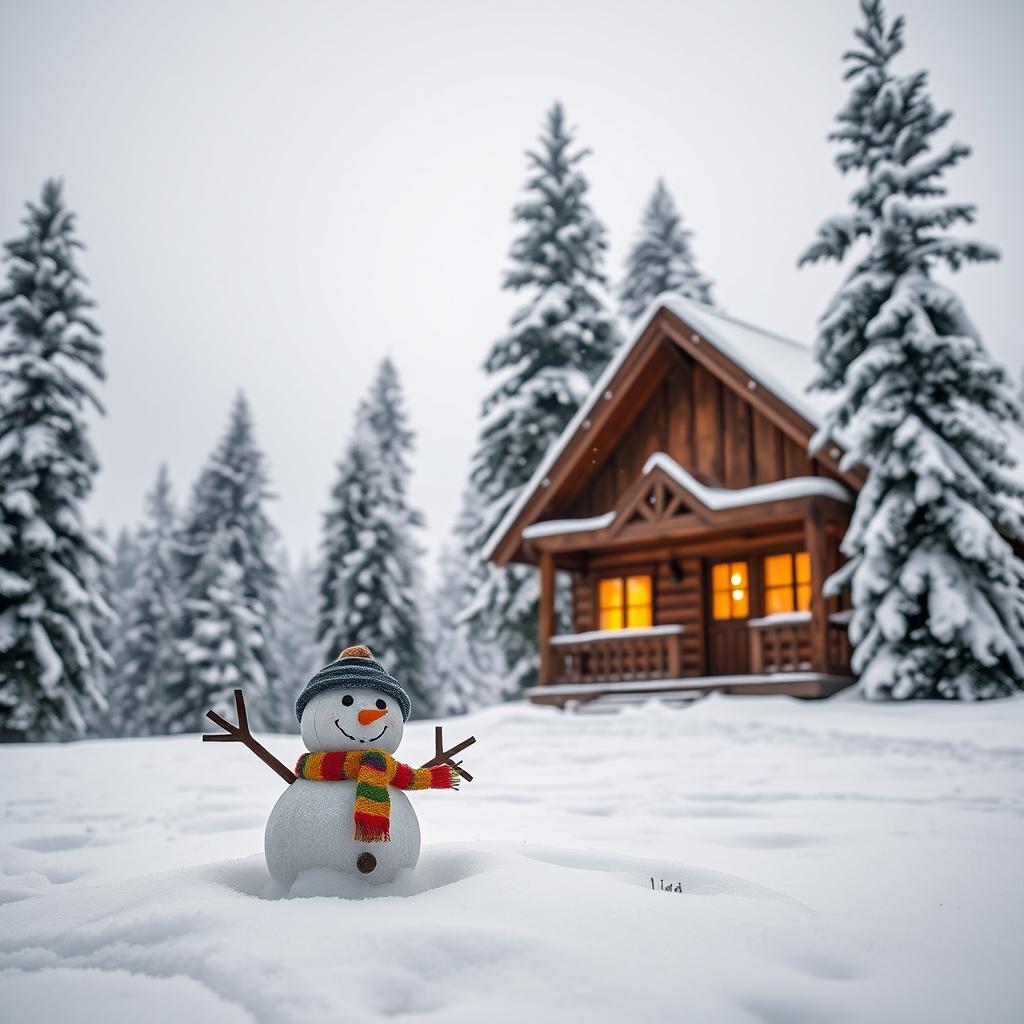 A serene winter landscape featuring a cozy, rustic cabin nestled among tall snow-covered pine trees