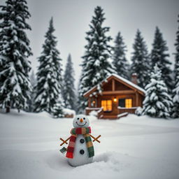 A serene winter landscape featuring a cozy, rustic cabin nestled among tall snow-covered pine trees