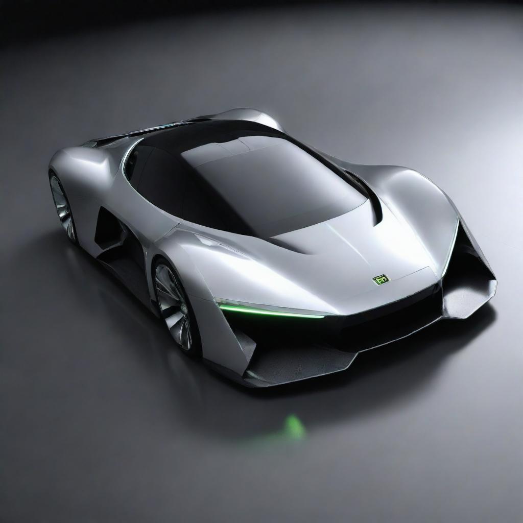 Visualize a futuristic sports car conceptualized from Nvidia 4090 graphic card design