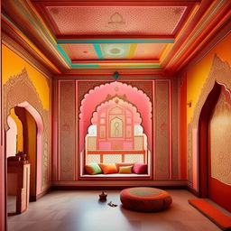 A beautiful 12x12 room with blank walls, decorated in a lush Indian style with vibrant colors, intricate patterns, and traditional Indian decor.
