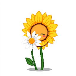 An ordinary sunflower without a face, gently embracing a simple daisy by holding hands, depicted in pixel art style