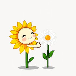 An ordinary sunflower without a face, gently embracing a simple daisy by holding hands, depicted in pixel art style