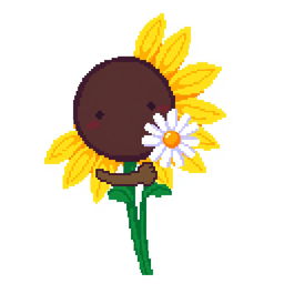 An ordinary sunflower without a face, gently embracing a simple daisy by holding hands, depicted in pixel art style