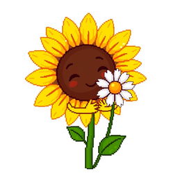 An ordinary sunflower without a face, gently embracing a simple daisy by holding hands, depicted in pixel art style