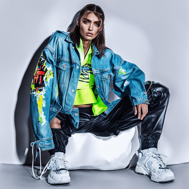 High-resolution photograph of a model in a detailed high fashion streetwear outfit posing intensely against a stark white backdrop with dramatic lighting, reminiscent of an editorial magazine photoshoot