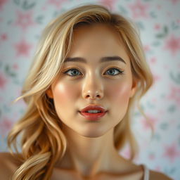A beautiful Japanese woman with blonde hair, showcasing an exaggerated ahegao face expression
