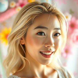 A beautiful Japanese woman with blonde hair, showcasing an exaggerated ahegao face expression