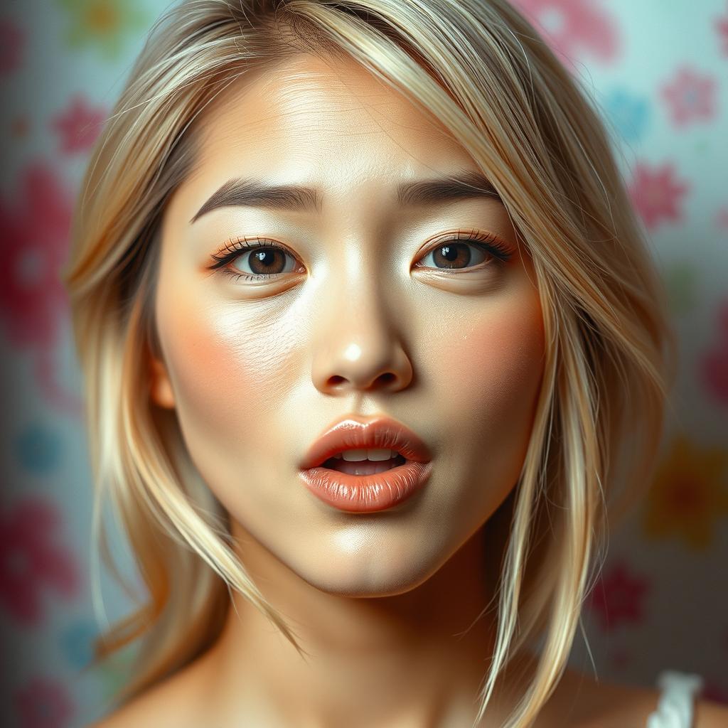 A beautiful Japanese woman with blonde hair, showcasing an exaggerated ahegao face expression