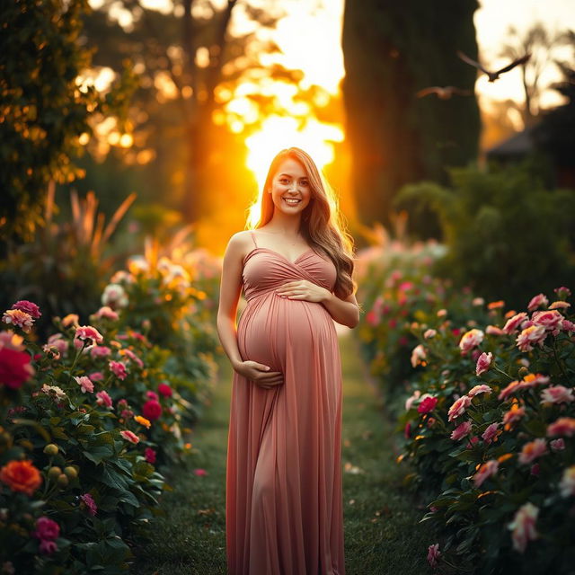 A beautifully pregnant woman standing in a serene garden surrounded by lush greenery and blooming flowers