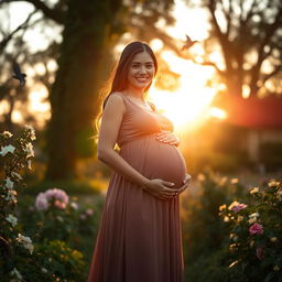 A beautifully pregnant woman standing in a serene garden surrounded by lush greenery and blooming flowers
