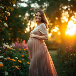 A beautifully pregnant woman standing in a serene garden surrounded by lush greenery and blooming flowers