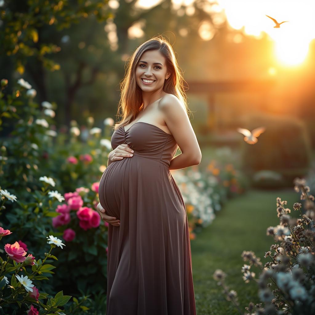 A beautifully pregnant woman standing in a serene garden surrounded by lush greenery and blooming flowers