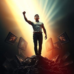A powerful depiction of a person triumphing over the addiction to pornography, showcasing their journey from darkness to light