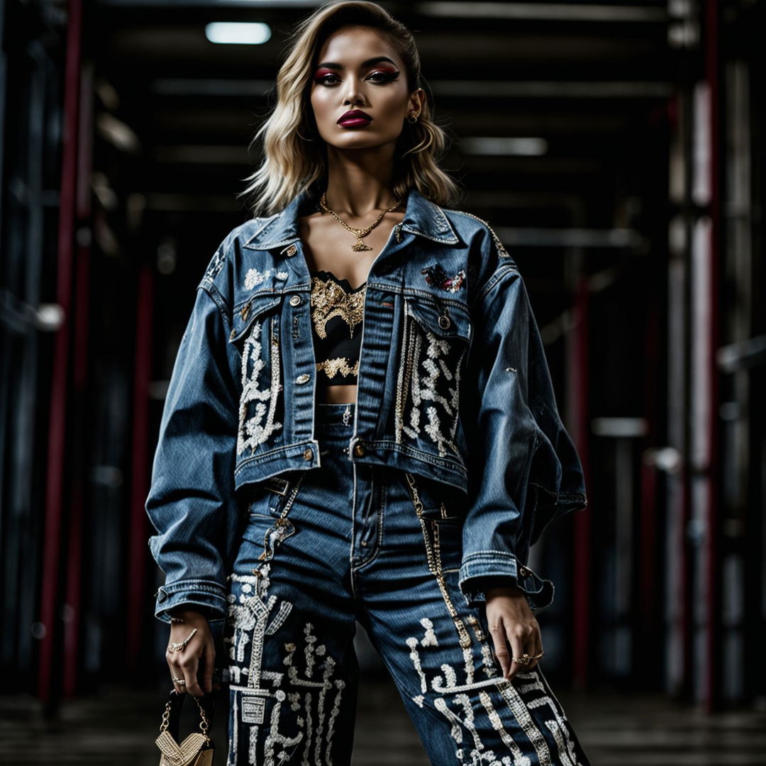 High-resolution photograph of a model in high fashion streetwear-inspired outfit