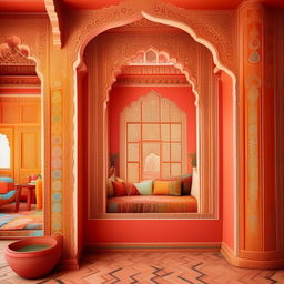 A beautiful 12x12 room with blank walls, decorated in a lush Indian style with vibrant colors, intricate patterns, and traditional Indian decor.