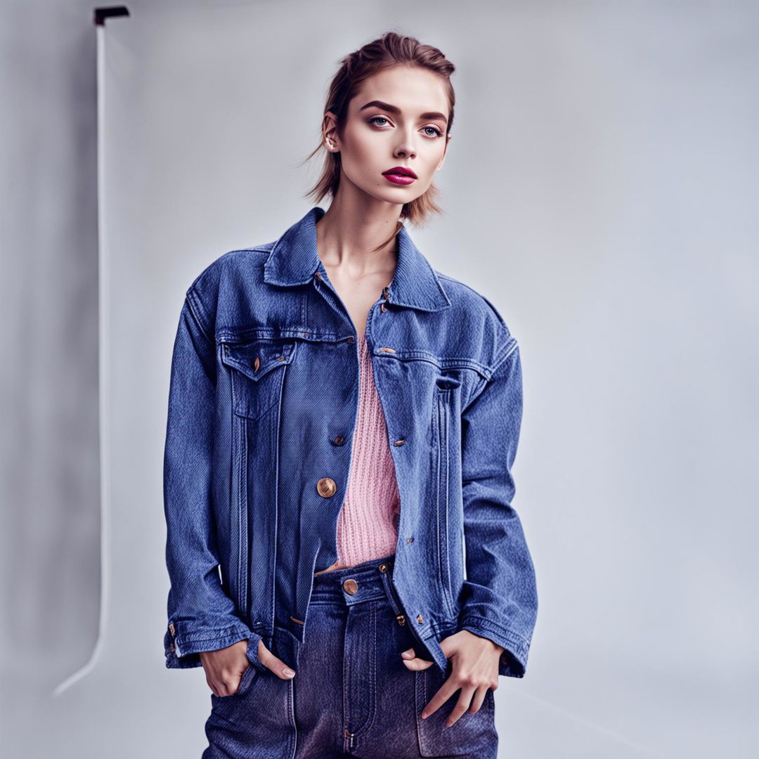 A model in a minimalist studio wearing an everyday outfit inspired by haute couture