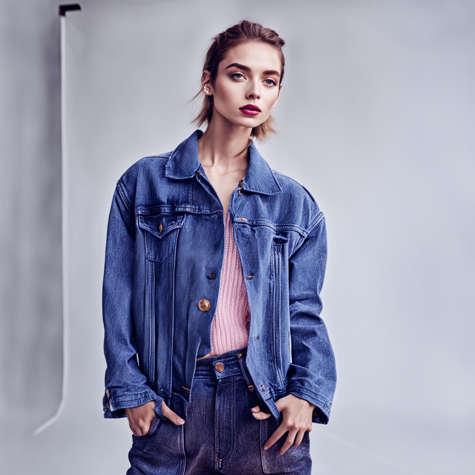 A model in a minimalist studio wearing an everyday outfit inspired by haute couture