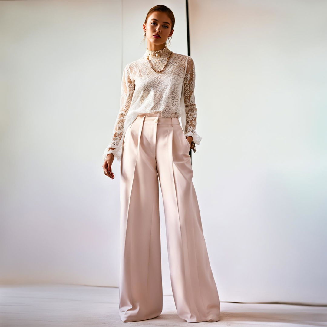 A model in a minimalist studio wearing an everyday outfit inspired by haute couture