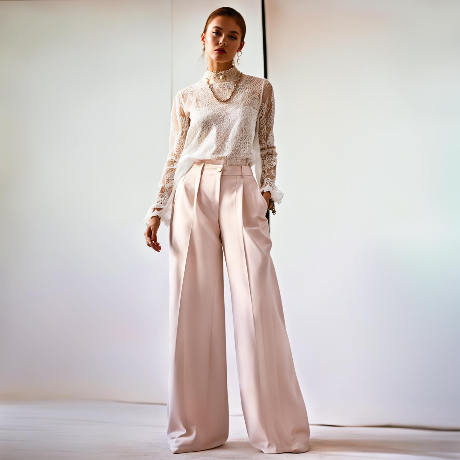 A model in a minimalist studio wearing an everyday outfit inspired by haute couture