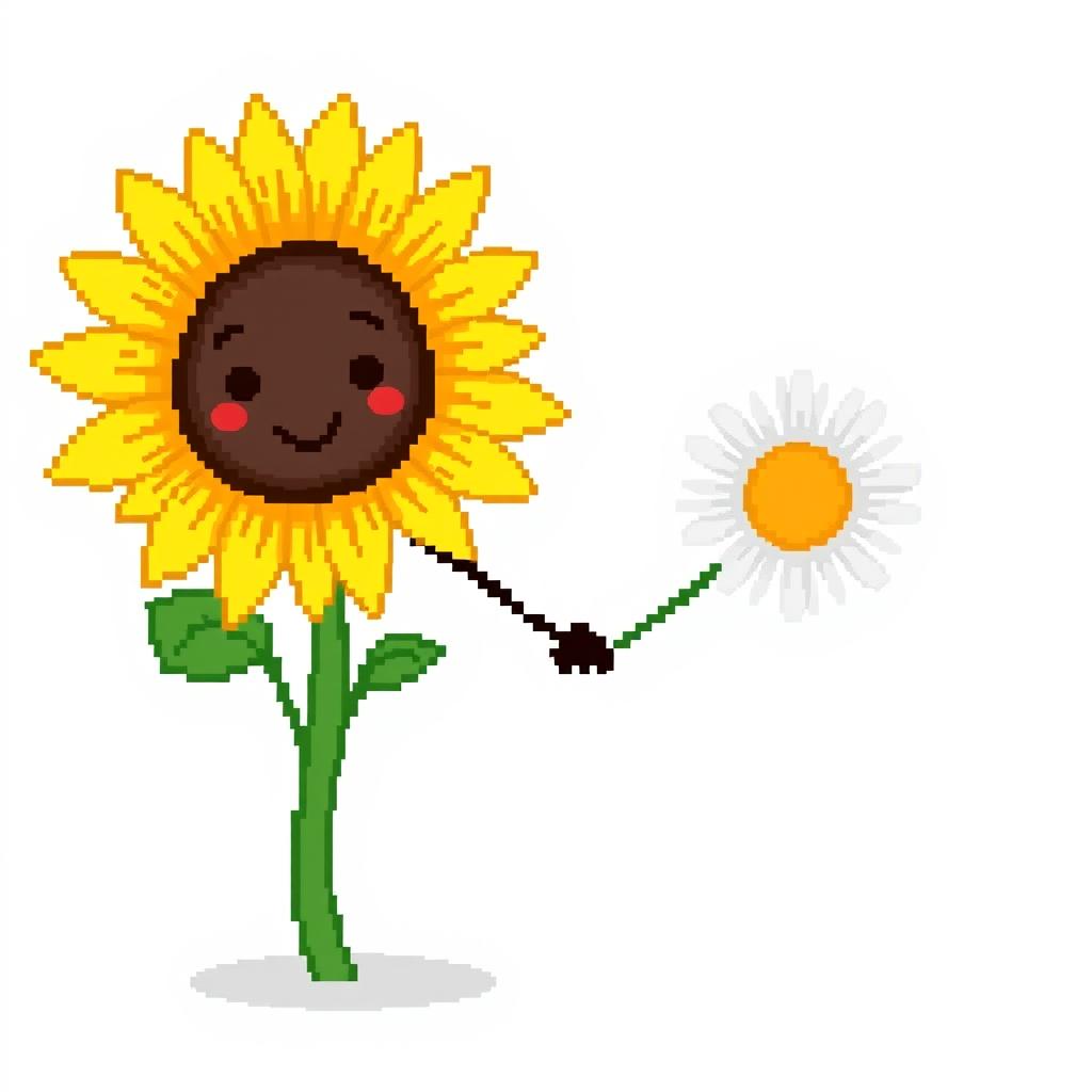 An ordinary sunflower gently holding hands with a simple daisy standing beside it, depicted in pixel art style