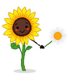 An ordinary sunflower gently holding hands with a simple daisy standing beside it, depicted in pixel art style