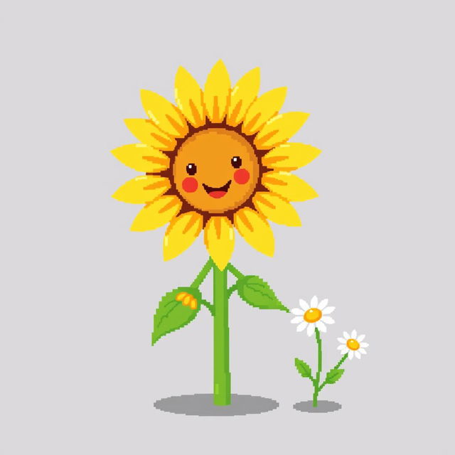 An ordinary sunflower gently holding hands with a simple daisy standing beside it, depicted in pixel art style