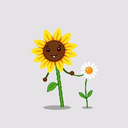 An ordinary sunflower gently holding hands with a simple daisy standing beside it, depicted in pixel art style