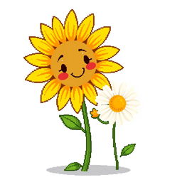 An ordinary sunflower gently holding hands with a simple daisy standing beside it, depicted in pixel art style