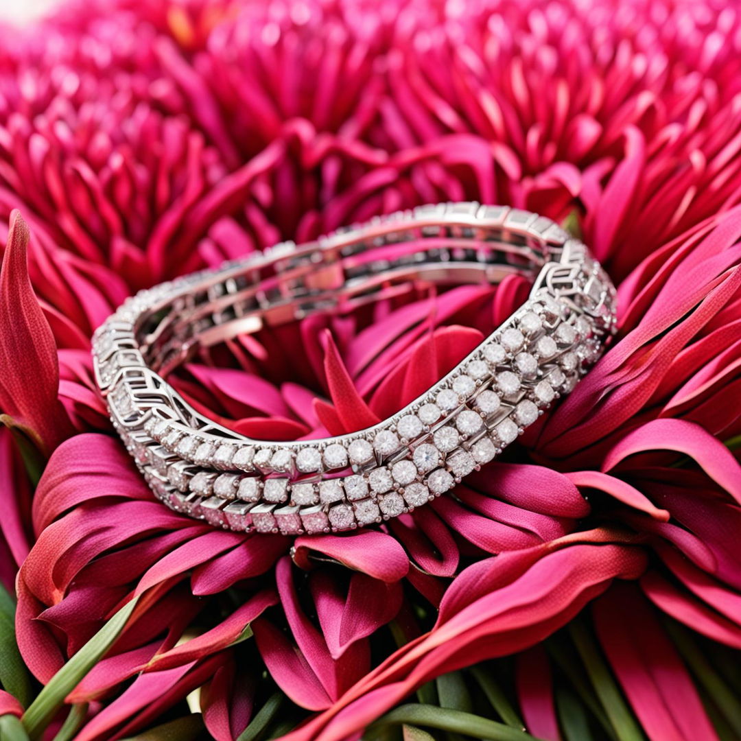 Editorial-style photograph featuring a 32k Cartier tennis bracelet nestled within a vibrant flowerbed