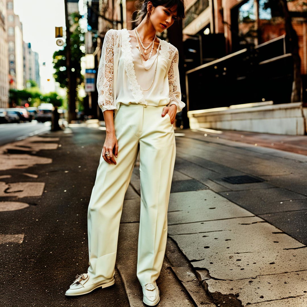 A model in an urban setting wearing an everyday outfit inspired by haute couture